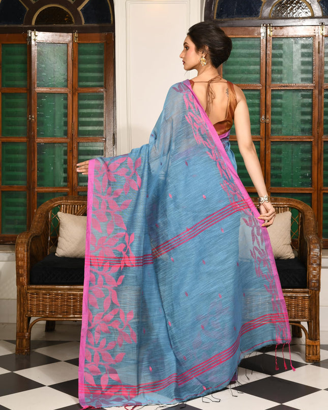 dB DESH BIDESH Women`s Cotton Linen Saree with Unstitched Blouse Piece and Floral Printed Pattern | Women Saree for Special Occasion | Stylish Fancy Cotton Silk Sarees (Sky Blue Saree)