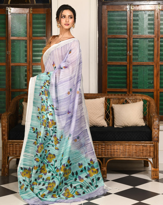 dB DESH BIDESH Women`s Cotton Saree For Woman Latest, Phoolbagan Printed Trendy Soft Cotton Silk Women Sarees with Blouse Piece (Mint Green Lavender)