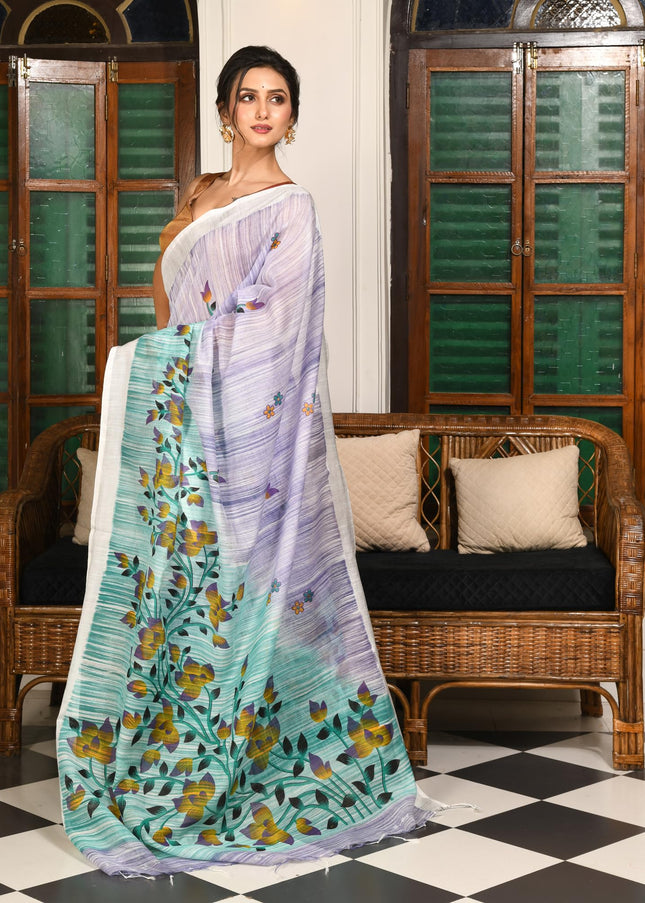 dB DESH BIDESH Women`s Cotton Saree For Woman Latest, Phoolbagan Printed Trendy Soft Cotton Silk Women Sarees with Blouse Piece (Mint Green Lavender)