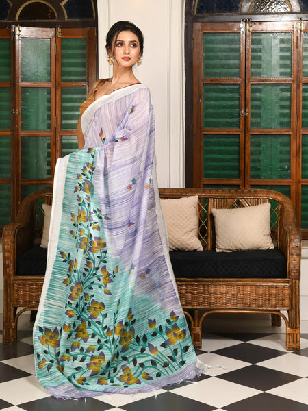 dB DESH BIDESH Women`s Cotton Saree For Woman Latest, Phoolbagan Printed Trendy Soft Cotton Silk Women Sarees with Blouse Piece (Mint Green Lavender)