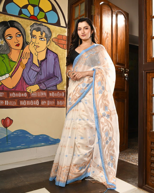 dB DESH BIDESH Women`s Cotton Silk Saree with Gold Zari Floral Woven Svarna Lata Design Soft Modal Silk Women Saree With Blouse Piece | Sari for women (White)