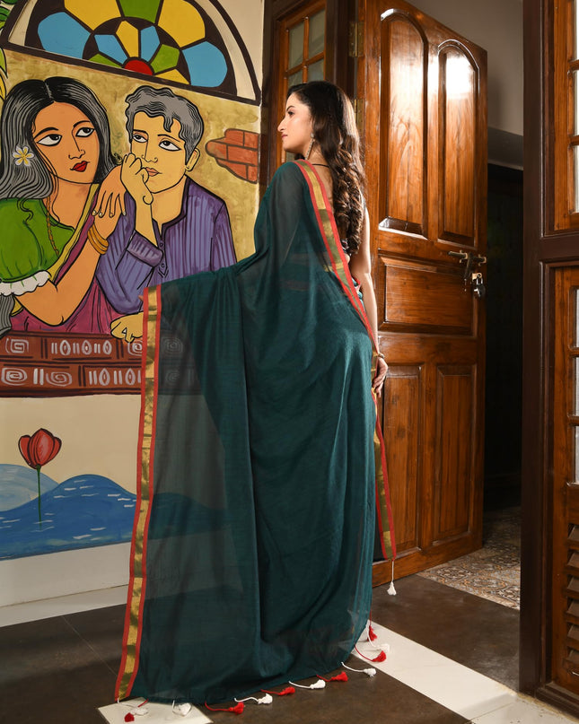 dB DESH BIDESH Women`s Mul Cotton Sarees Soft Zari Fancy Roshni Latest, Design Party, Wear Cotton Silk Saree For Woman With Blouse Piece (Green Golden)