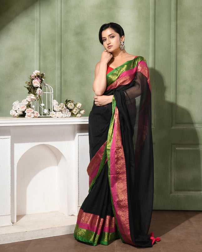 dB DESH BIDESH Women's Kanjivaram Soft Cotton Linen Silk Saree Rajrani Design Latest, Fancy South India Style Saree With Blouse Piece (Black Saree)