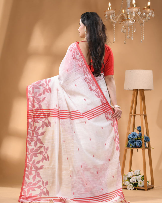 dB DESH BIDESH Women`s Cotton Linen Saree with Unstitched Blouse Piece and Floral Printed Pattern | Women Saree for Special Occasion | Stylish Fancy Cotton Silk Sarees (White Saree)