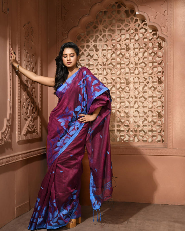 dB DESH BIDESH Women`s Cotton Linen Saree with Unstitched Blouse Piece and Floral Printed Pattern | Women Saree for Special Occasion | Stylish Fancy Cotton Silk Sarees (Wine Red)