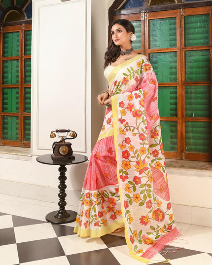 dB DESH BIDESH Women`s Cotton Saree For Woman Latest, Phoolbagan Printed Trendy Soft Cotton Silk Women Sarees with Blouse Piece (Red White)