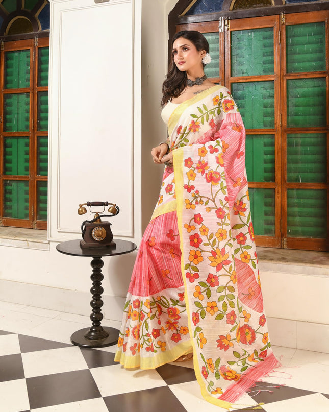 dB DESH BIDESH Women`s Cotton Saree For Woman Latest, Phoolbagan Printed Trendy Soft Cotton Silk Women Sarees with Blouse Piece (Red White)