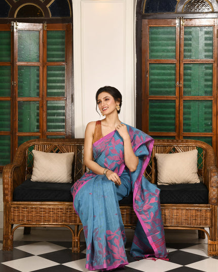 dB DESH BIDESH Women`s Cotton Linen Saree with Unstitched Blouse Piece and Floral Printed Pattern | Women Saree for Special Occasion | Stylish Fancy Cotton Silk Sarees (Sky Blue Saree)