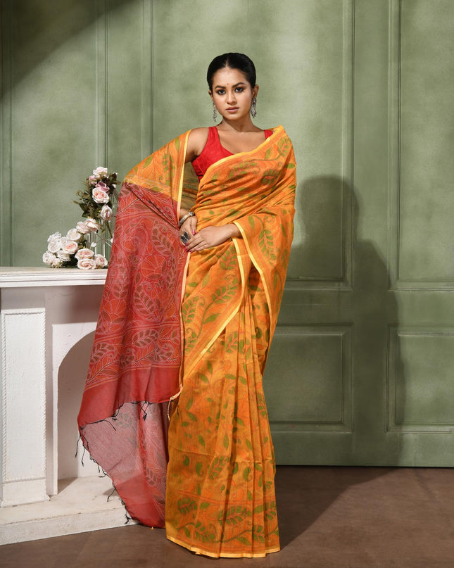 dB DESH BIDESH Women`s Cotton Saree For Woman Nakshakata Leaf kolka Embroidery Printed Trendy Soft Cotton Silk Women Sarees with Blouse Piece (YELLOW RED)