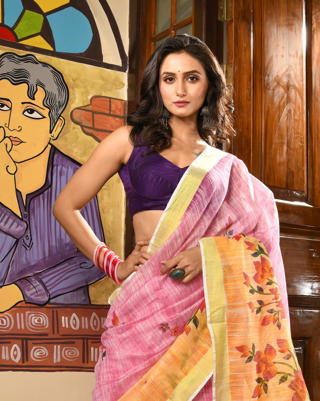 dB DESH BIDESH Women`s Cotton Saree For Woman Latest, Phoolbagan Printed Trendy Soft Cotton Silk Women Sarees with Blouse Piece (Pink Yellow)