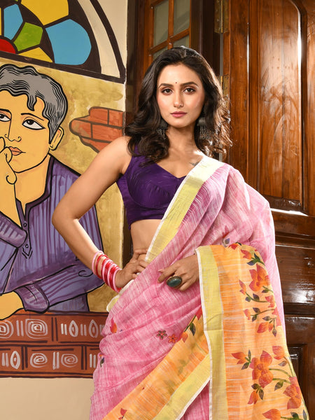 dB DESH BIDESH Women`s Cotton Saree For Woman Latest, Phoolbagan Printed Trendy Soft Cotton Silk Women Sarees with Blouse Piece (Pink Yellow)