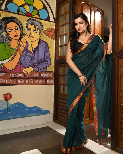 dB DESH BIDESH Women`s Mul Cotton Sarees Soft Zari Fancy Roshni Latest, Design Party, Wear Cotton Silk Saree For Woman With Blouse Piece (Green Golden)