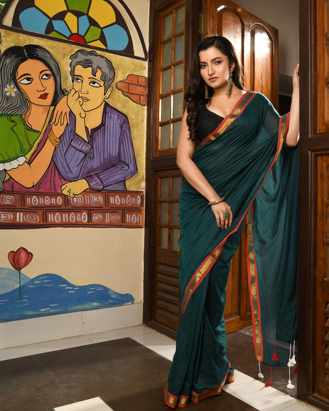 dB DESH BIDESH Women`s Mul Cotton Sarees Soft Zari Fancy Roshni Latest, Design Party, Wear Cotton Silk Saree For Woman With Blouse Piece (Green Golden)