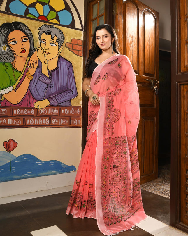 dB DESH BIDESH Women`s Cotton Saree for Woman | Saree for Woman Cotton Blend Tribal Mandala Printed Traditional Sari for Farewell Office Daily Wear with Blouse Piece (Pink)