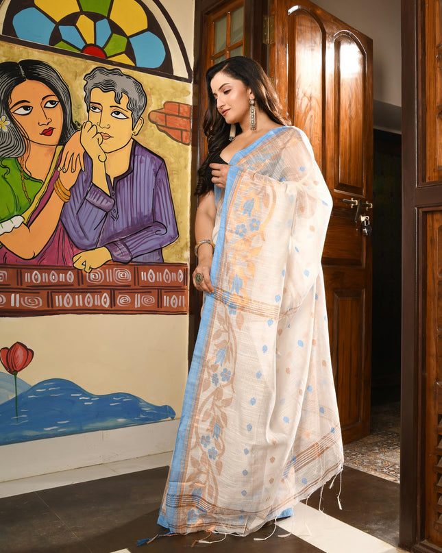 dB DESH BIDESH Women`s Cotton Silk Saree with Gold Zari Floral Woven Svarna Lata Design Soft Modal Silk Women Saree With Blouse Piece | Sari for women (White)