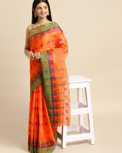 DESH BIDESH Orange & Green Ethnic Motifs Pure Cotton Taant Saree
