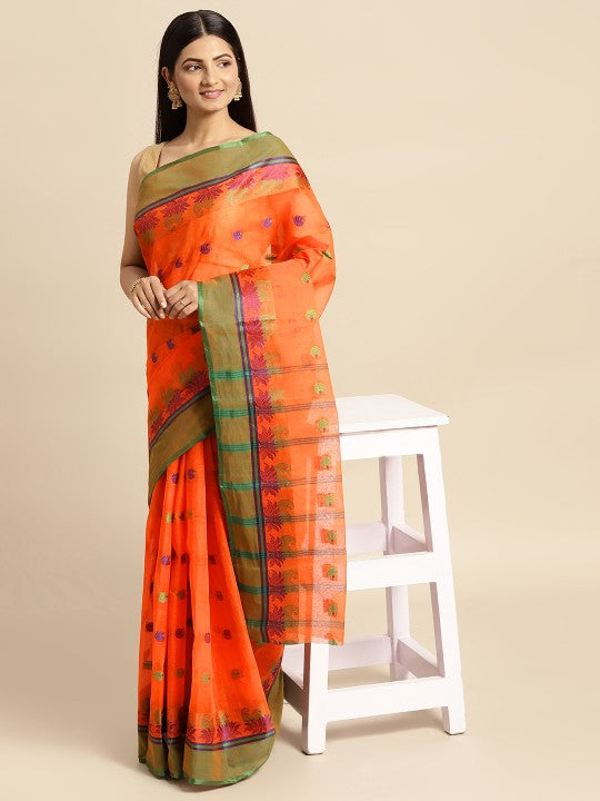 DESH BIDESH Orange & Green Ethnic Motifs Pure Cotton Taant Saree