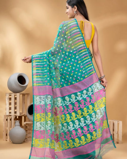 Exquisite Turquoise Blue and Pink Pure Cotton Jamdani Saree with Zari Details