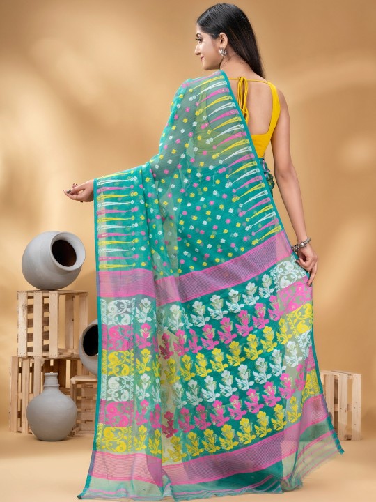 Exquisite Turquoise Blue and Pink Pure Cotton Jamdani Saree with Zari Details