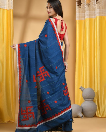 DESH BIDESH Striped Swastik Designed Pure Cotton Traditional Taant Saree