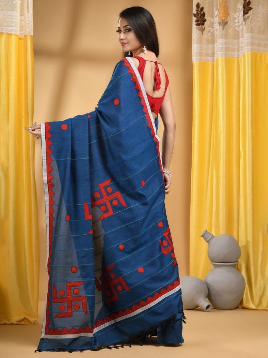 DESH BIDESH Striped Swastik Designed Pure Cotton Traditional Taant Saree