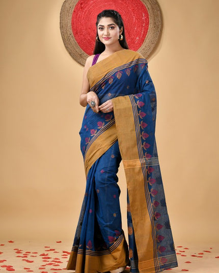 Exquisite Pure Handloom Cotton Taant Saree with Elegant Ethnic Motifs