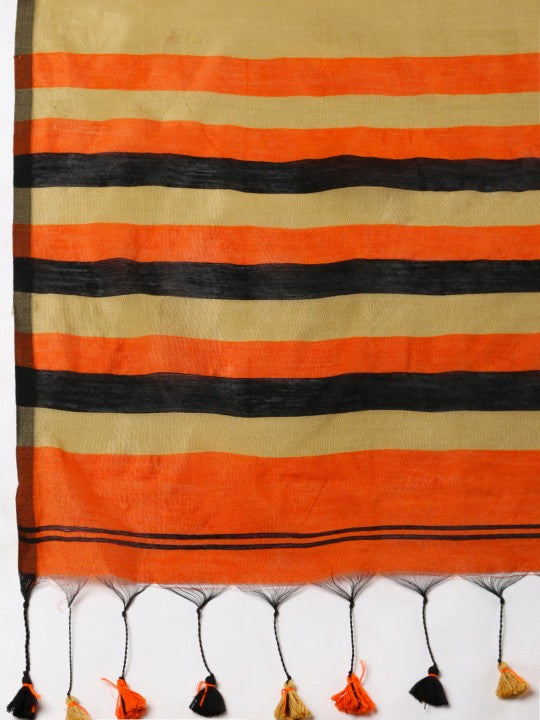 DESH BIDESH Elegant Ghicha Cotton Striped Saree with Unstitched Blouse Piece
