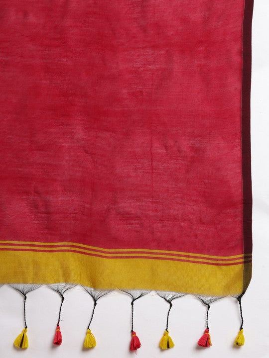 DESH BIDESH Ghicha Cotton Colourblocked Saree: Elegant Red & Yellow Saree with Blouse Piece