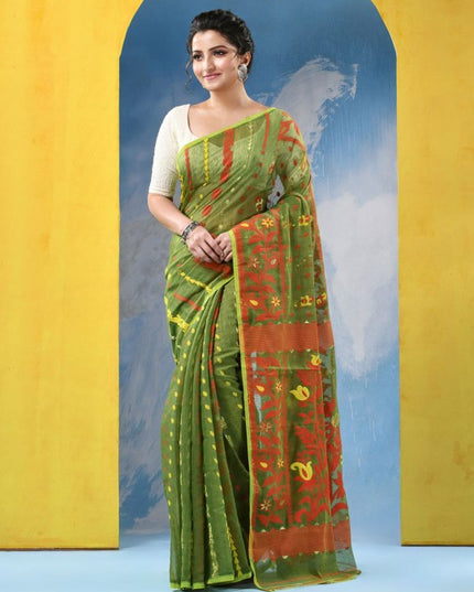 DESH BIDESH Traditional Woven Green Jamdani Saree with Orange Floral Border