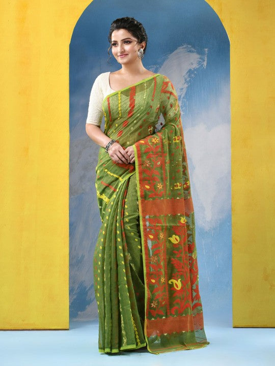 DESH BIDESH Traditional Woven Green Jamdani Saree with Orange Floral Border
