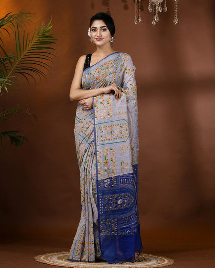 DESH BIDESH Woven Design Block Print Cotton Silk Saree with Tassels