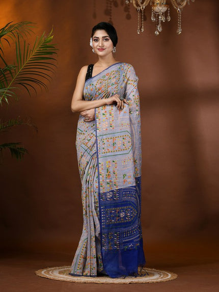 DESH BIDESH Woven Design Block Print Cotton Silk Saree with Tassels