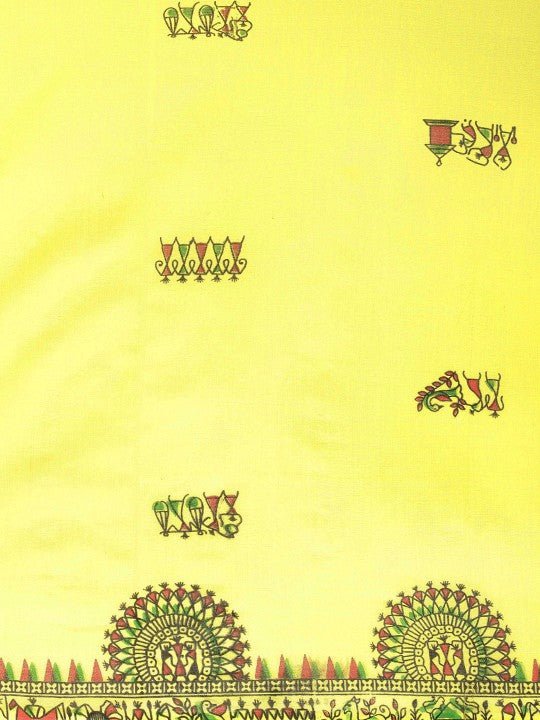 DESH BIDESH Yellow & Green Warli Pure Cotton Taant Saree