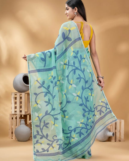 DESH BIDESH Turquoise Blue & Yellow Woven Design Linen Blend Jamdani Saree