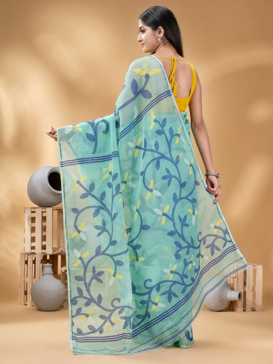 DESH BIDESH Turquoise Blue & Yellow Woven Design Linen Blend Jamdani Saree