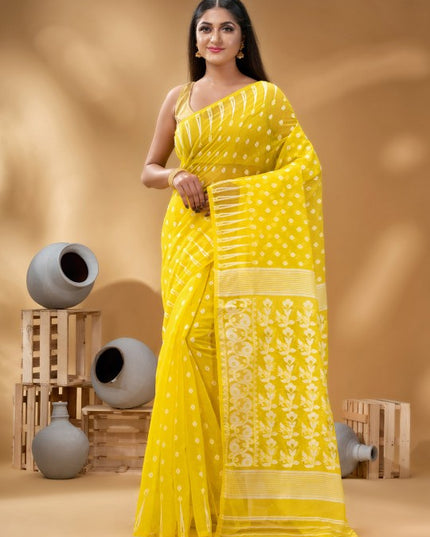 Exquisite Yellow & White Woven Pure Cotton Handloom Jamdani Saree with Border