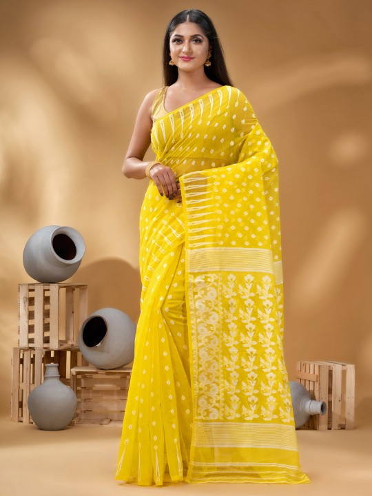 Exquisite Yellow & White Woven Pure Cotton Handloom Jamdani Saree with Border