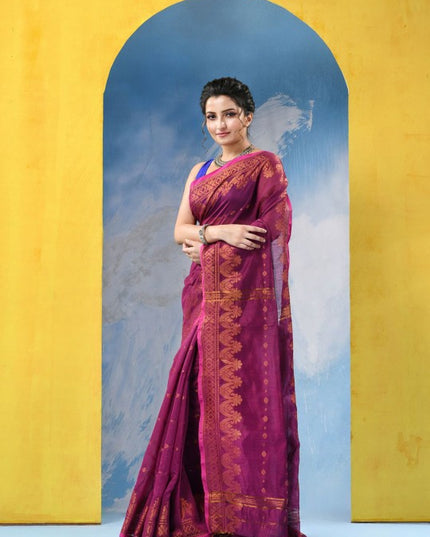 Exquisite Pink & Gold Woven Zari Pure Cotton Blend Saree with Intricate Floral Design