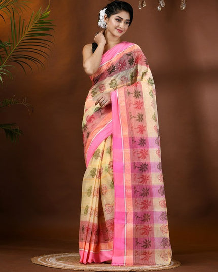 DESH BIDESH Ethnic Motifs Printed Pure Handloom Cotton Saree with Block Print