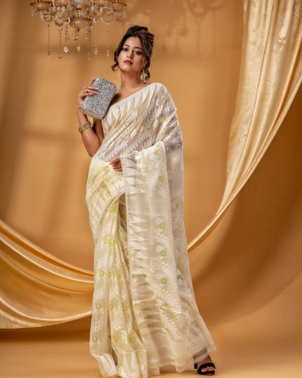 DESH BIDESH Elegant Off-White Gold-Toned Zari Woven Design Pure Cotton Jamdani Saree