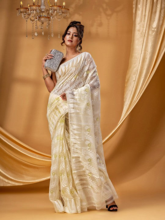 DESH BIDESH Elegant Off-White Gold-Toned Zari Woven Design Pure Cotton Jamdani Saree