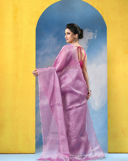 DESH BIDESH Embellished Pink Tissue Taant Saree for Women