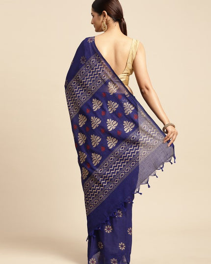 DESH BIDESH Navy Blue & Golden Floral Design Pure Cotton Taant Saree