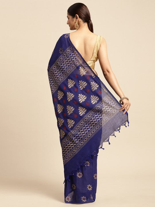 DESH BIDESH Navy Blue & Golden Floral Design Pure Cotton Taant Saree