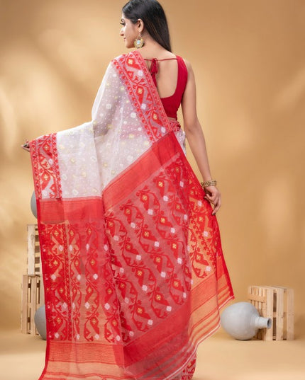 DESH BIDESH White Red Pure Cotton Jamdani Saree, Ethnic Motifs, Zari Woven