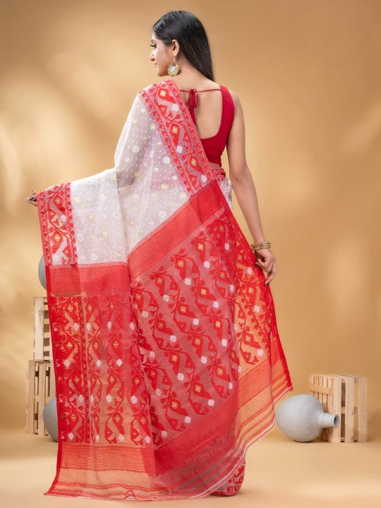 DESH BIDESH White Red Pure Cotton Jamdani Saree, Ethnic Motifs, Zari Woven
