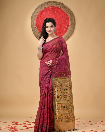 DESH BIDESH Traditional Warli Block Print Saree with Tassels and Blouse Piece