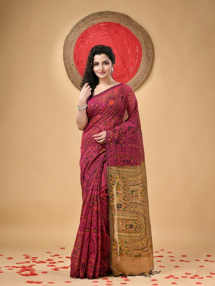 DESH BIDESH Traditional Warli Block Print Saree with Tassels and Blouse Piece