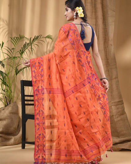Orange & Blue Woven Design Silk Cotton Taant Saree with Ethnic Motifs