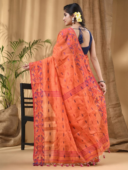 Orange & Blue Woven Design Silk Cotton Taant Saree with Ethnic Motifs